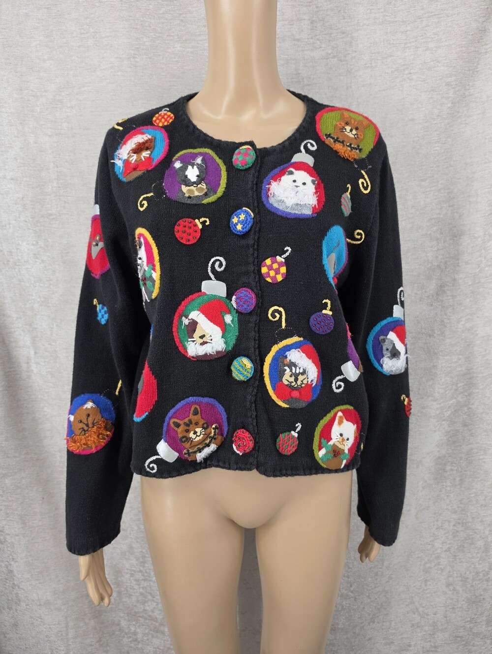 Michael Simon Vintage 90s Christmas Cat Ornament Cardigan Sweater